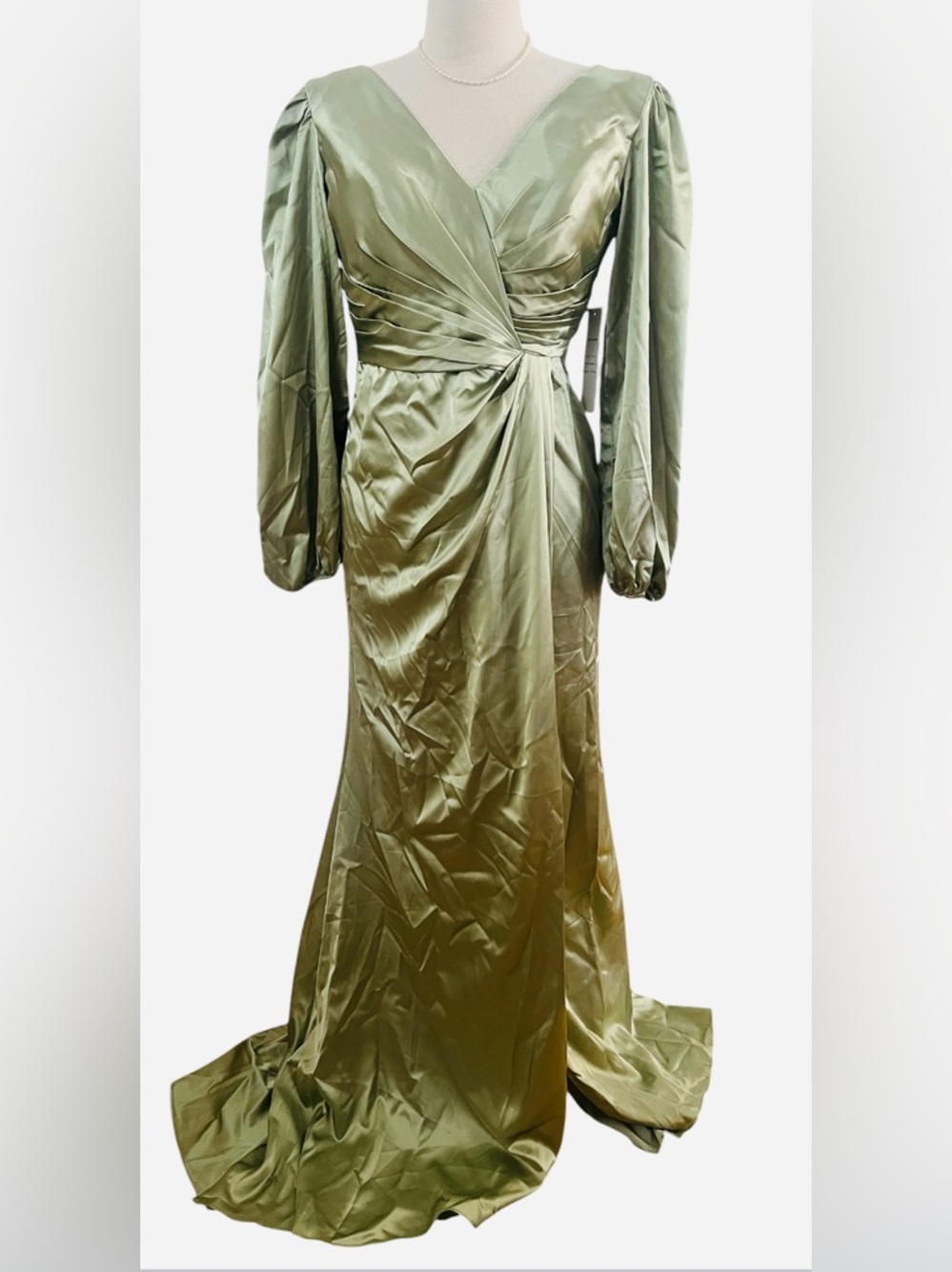 NWT- SATIN SAGE GREEN Long Sleeve Wrap Maxi Dress - Picture 2 of 6